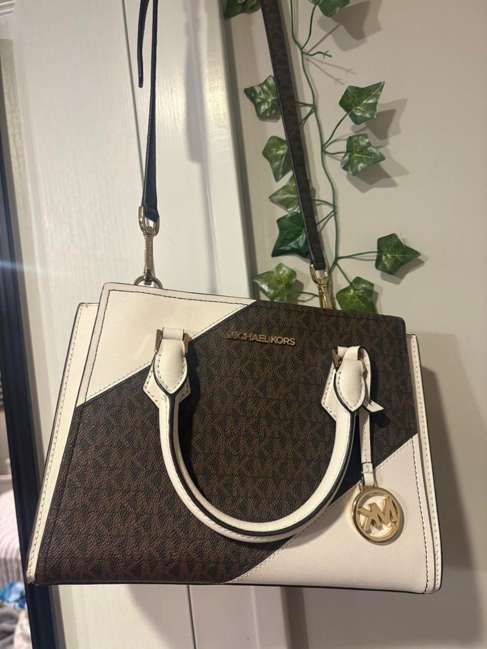 Michael Kors Brown and White Logo-Accent Satchel
